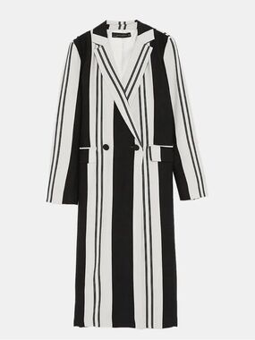 Zara Striped Linen Blend Longline Coat | Double Breasted Blazer | S